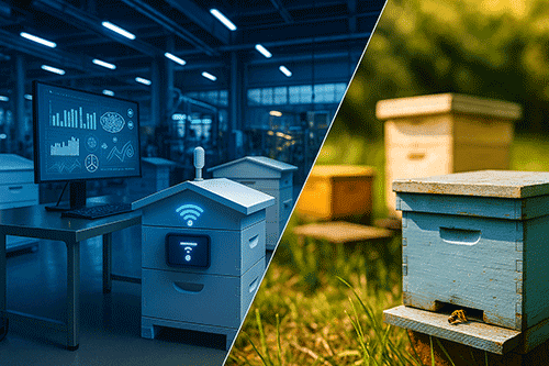 Smart beekeeping facility and modern hive technology representing herbal honey wellness trend
