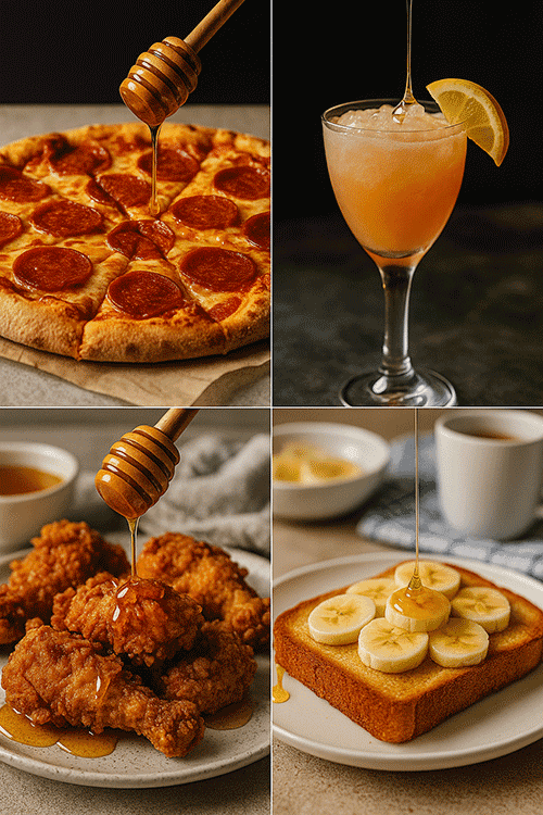 Instagram-style collage showing pizza, fried chicken and cocktails drizzled with herbal honey